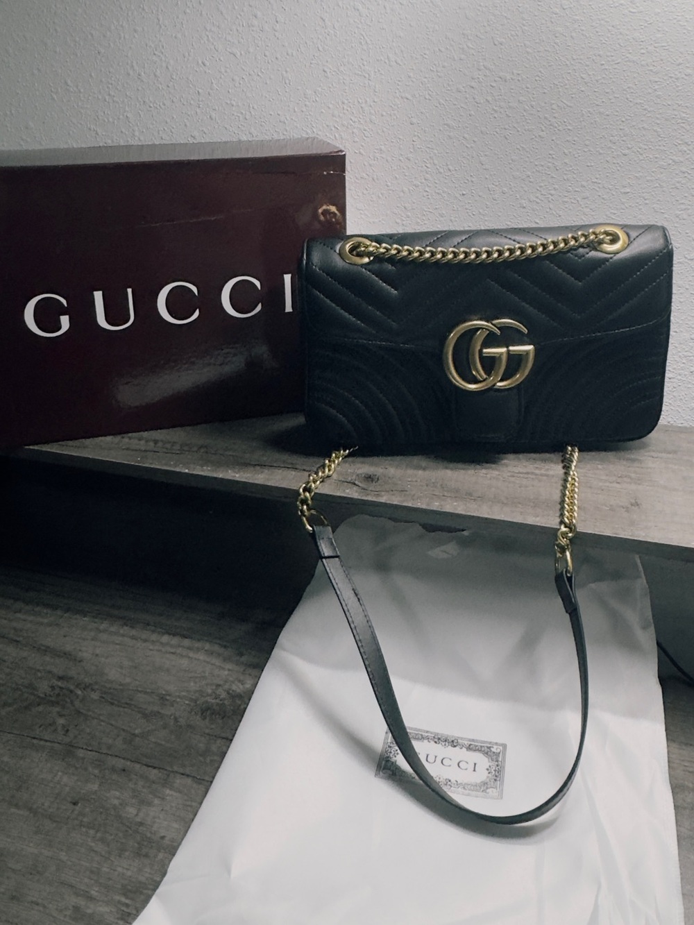Gucci Black Matelassé Leather Shoulder Bag with Gold Double G Heart